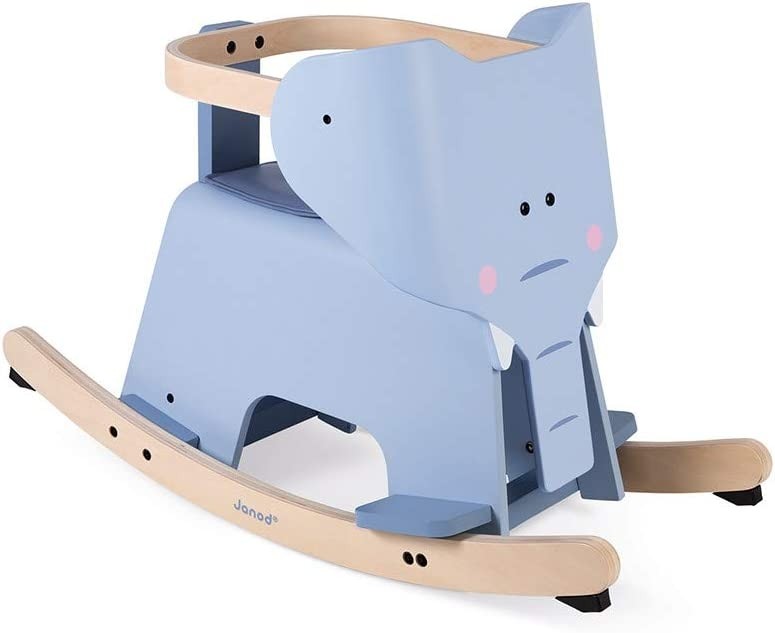 Janod - Wooden Rocking Elephant - Early Years Toy - Develops Balance - Anti-Tip System, Footrest, Removable Saddle and Safety Bar - Suitable for Children from The Age Of 1, J08024