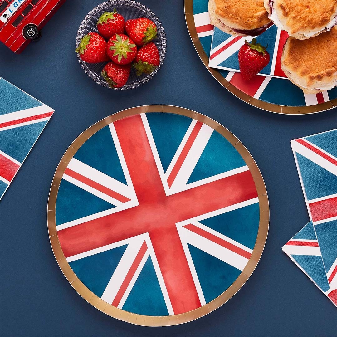 Jubilee Party Pack of Paper Napkins, Plates and Cups with Union Jack Design