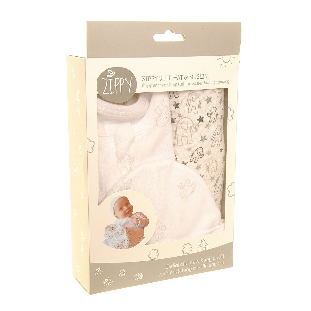 Ziggle Elephant zipped Suit, Hat and Muslin Set  3-6 months