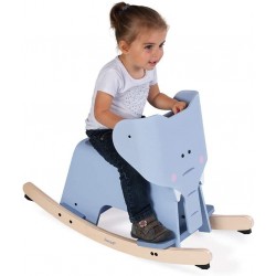 Janod - Wooden Rocking Elephant - Early Years Toy - Develops Balance - Anti-Tip System, Footrest, Removable Saddle and Safety Bar - Suitable for Children from The Age Of 1, J08024